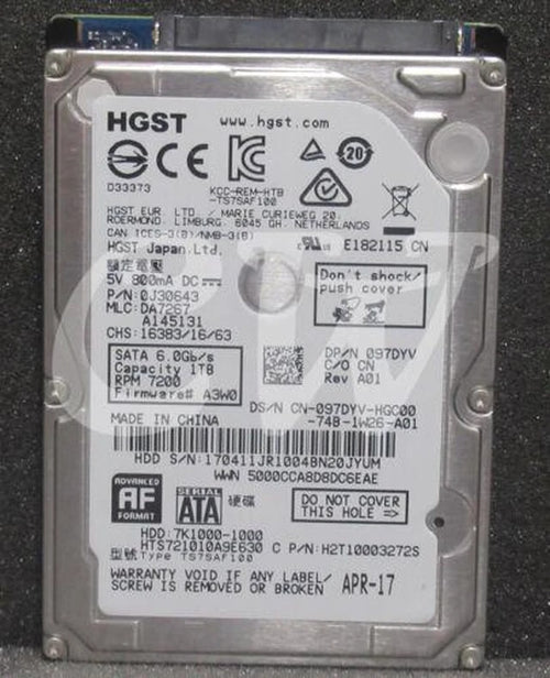 HITACHI HTS721010A9E630 - 1TB 7.2K 6G 2.5INCH SATA HDD - Refurbished