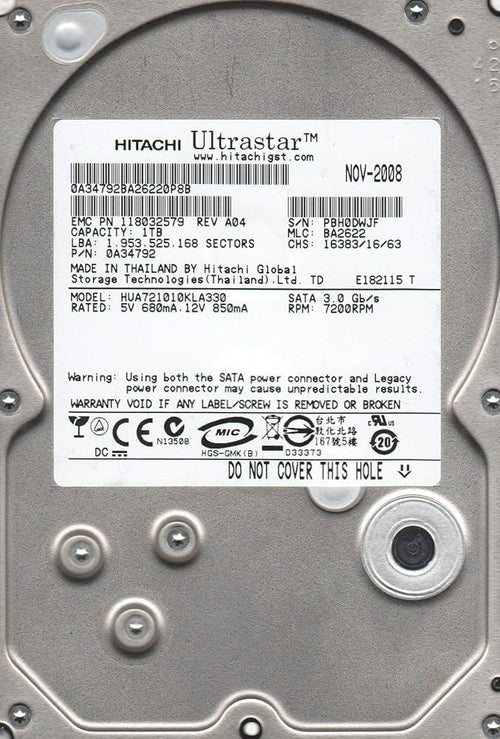 Hitachi HUA721010KLA330 - 1TB 7.2K 3G 3.5Inch SATA HDD - Refurbished
