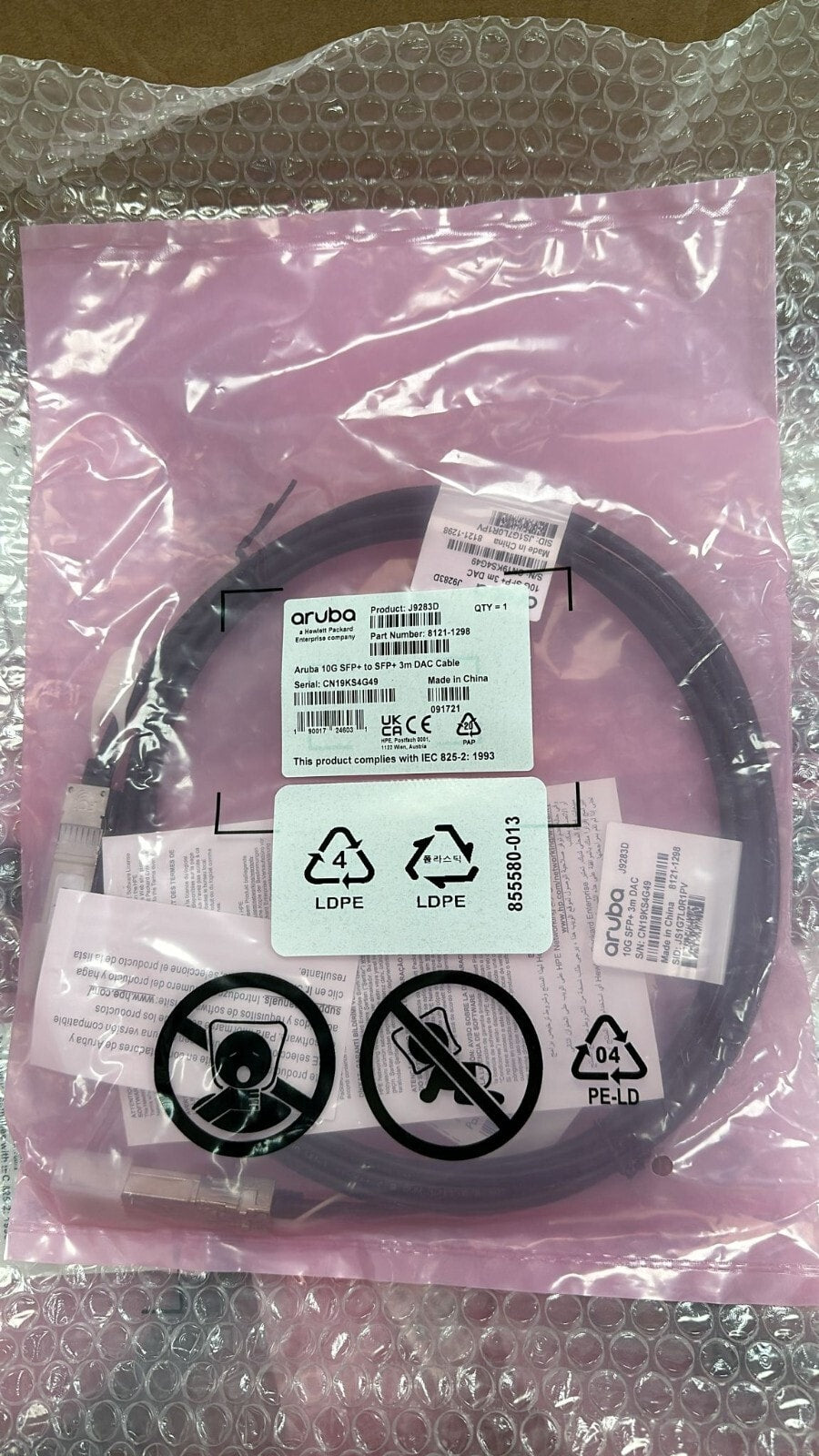 HP J9283D - ARUBA 10G SFP+ TO SFP + DAC 3M CABLE - Refurbished
