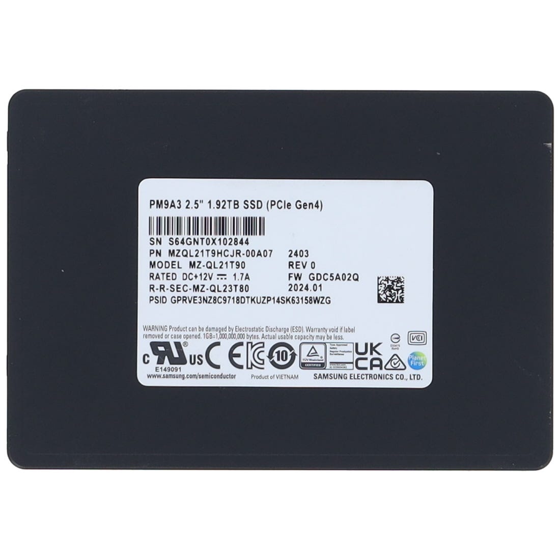 SAMSUNG MZQL21T9HCJR-00A07 - SAMSUNG PM9A3 1.92TB 2.5INCH U.2 PCIE GEN4 NVME SSD - Refurbished — supplier reference photograph