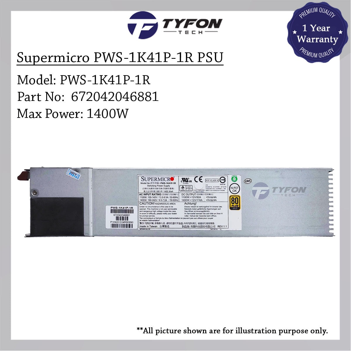 SUPERMICRO PWS-1K41P-1R - SUPERMICRO 1U 1400W REDUNDANT PSU - Refurbished — exact part-number product image